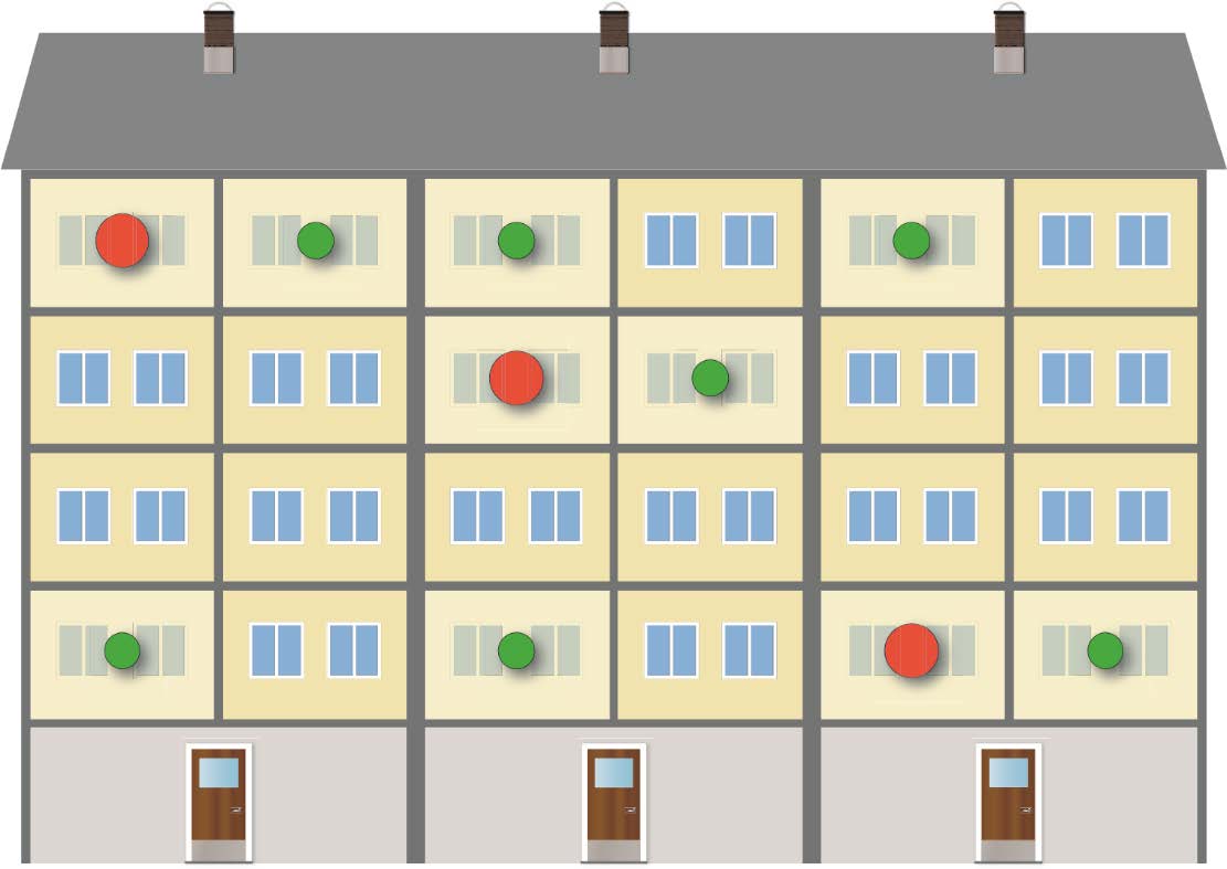 Illustration som visar ett flerfamiljshus. Gröna punkter visar var kontrollmätning ska göras efter åtgärder. Var det är finns förklarat i brödtext över bilden.