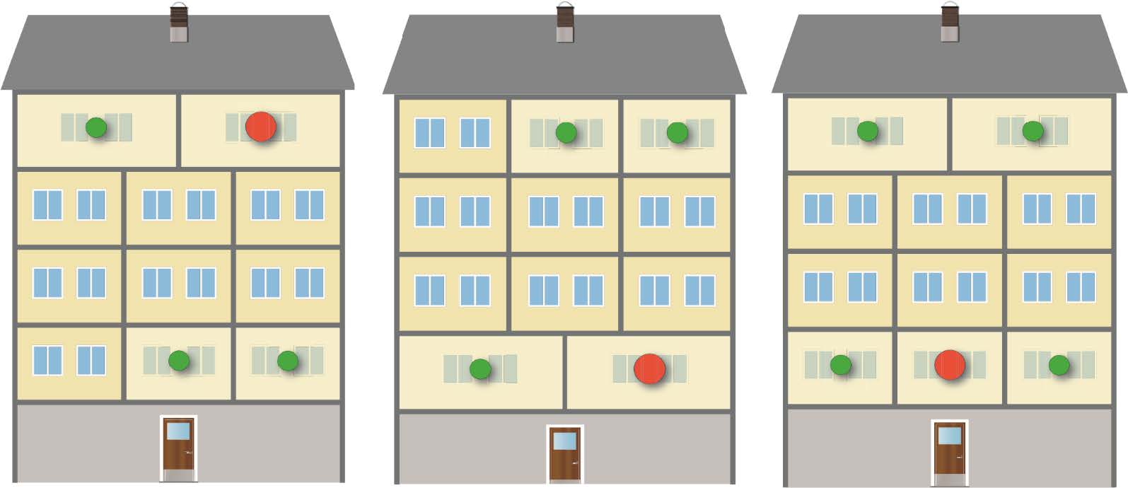 Illustration som visar ett flerfamiljshus. Gröna punkter visar var kontrollmätning ska göras efter åtgärder. Var det är finns förklarat i brödtext över bilden.