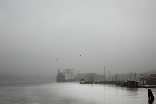 Fotografi som visar ett hamnmotiv i grå dimma.