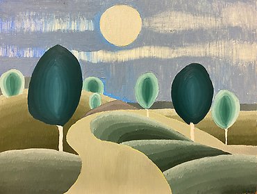 Målning av Gudrun Key-Åberg som visar ett landskap med några träd.