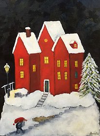 Målning av Annelie Tibblin som visar ett rött hus och en tomte på väg till huset
